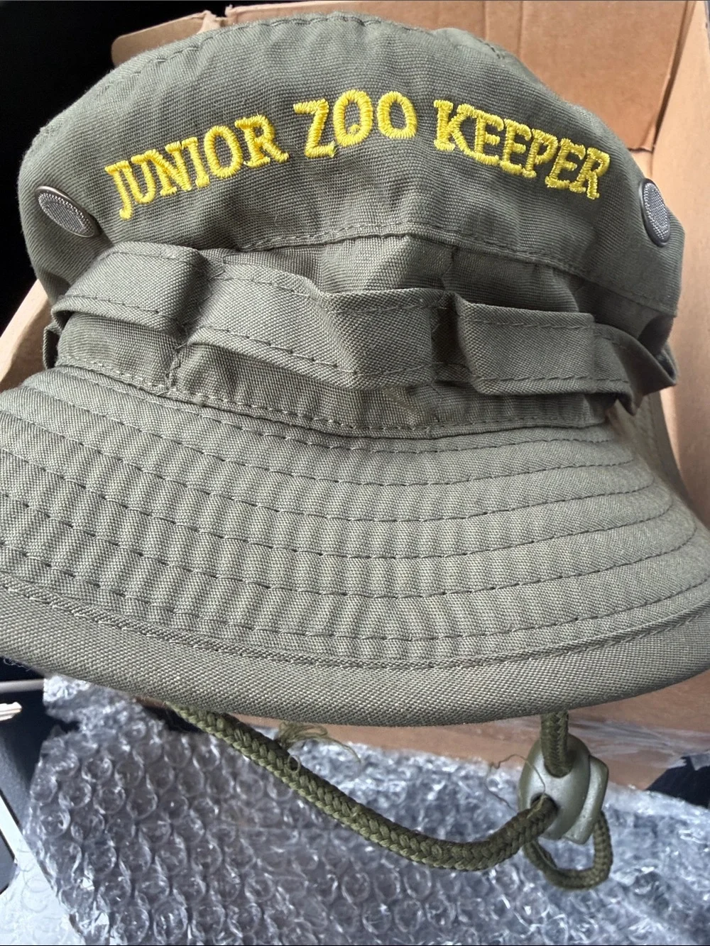 Pact Junior Zoo Keeper Olive Green Bucket Hat with Yellow Embroidery